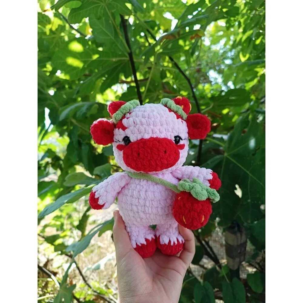 Cute Strawberry Cow Plush Toy Handmade Crochet Cow with Strawberry Horns